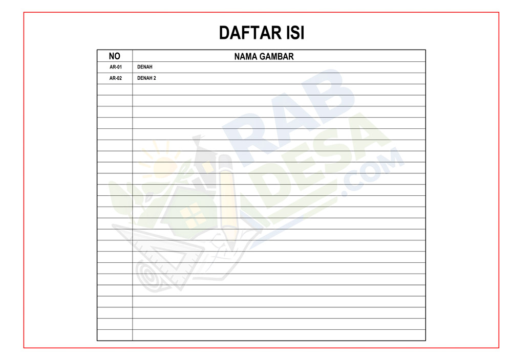 Daftar isi paket gambar kerja Pembangunan Area Bermain Luar PAUD yang mencakup denah, tampak, potongan, detail, dan gambar struktur