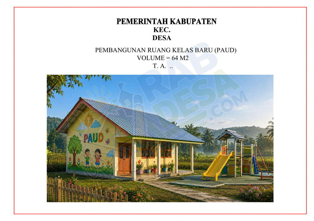 Paket Pembangunan Ruang Kelas Baru PAUD lengkap beserta RAB, gambar AutoCAD, PDF, dan RKS siap digunakan
