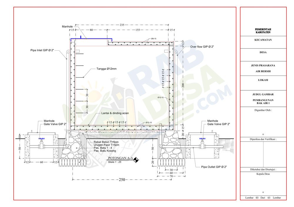 Potongan bak air beton yang menunjukkan detail konstruksi dan desain bak penampungan air
